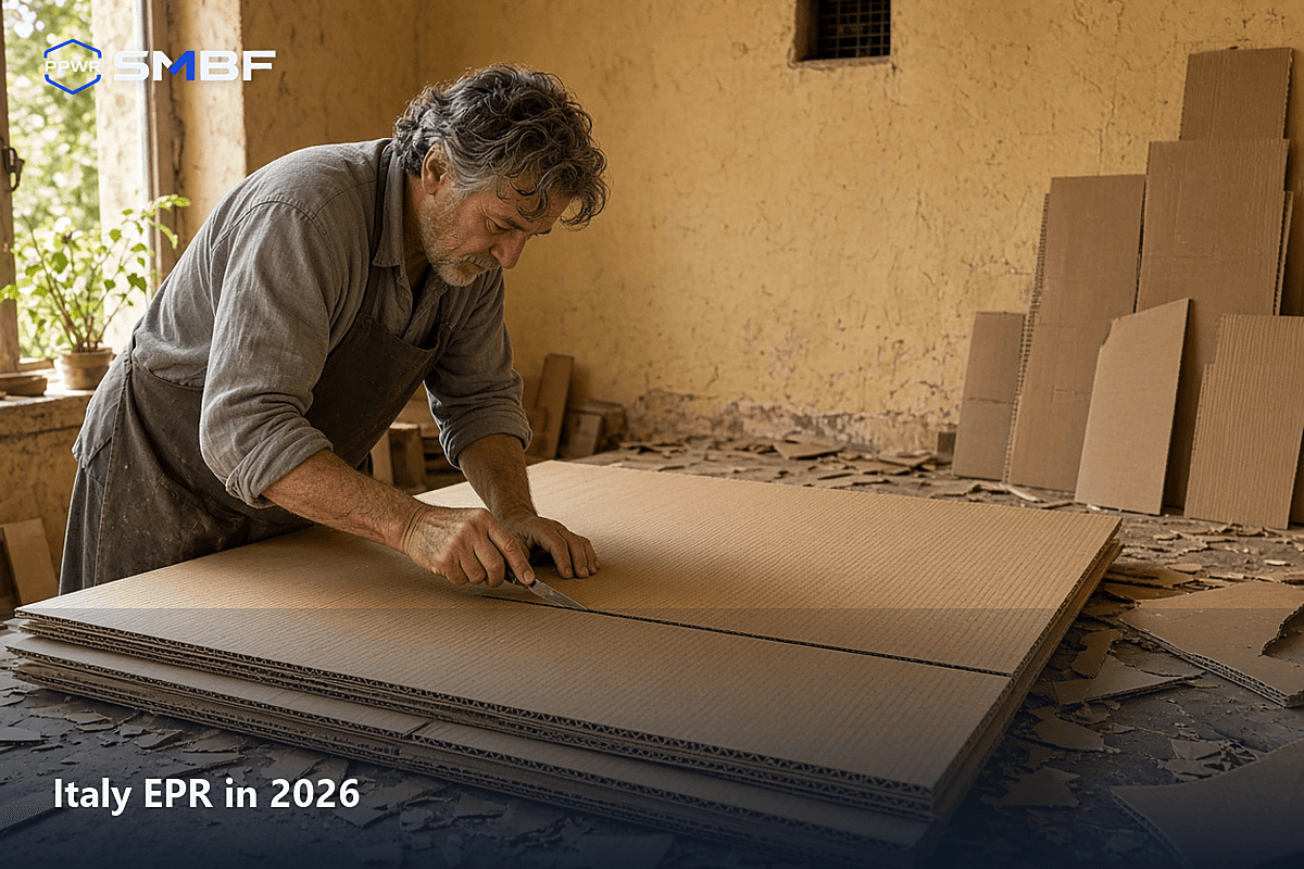 smbf.me card for Italy EPR in 2026 linking CONAI packaging, Registro AEE and the battery register