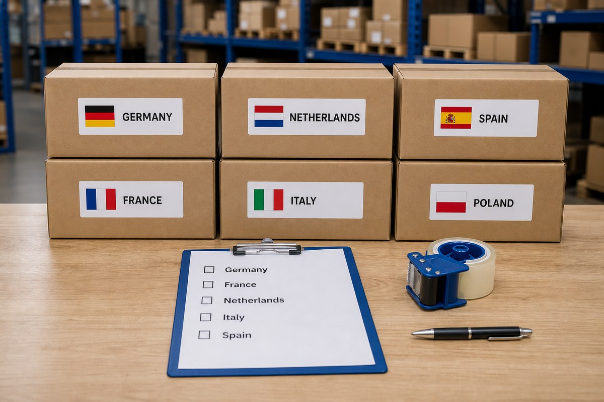 Country assessment notes beside packed cartons ready for EPR checks