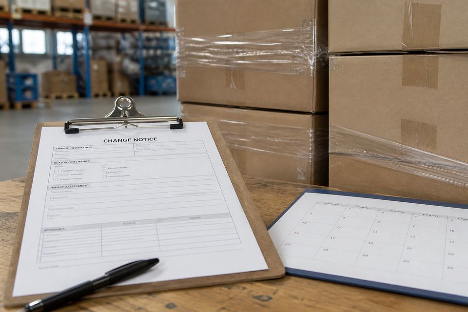Regulatory change notice on a packaging warehouse clipboard