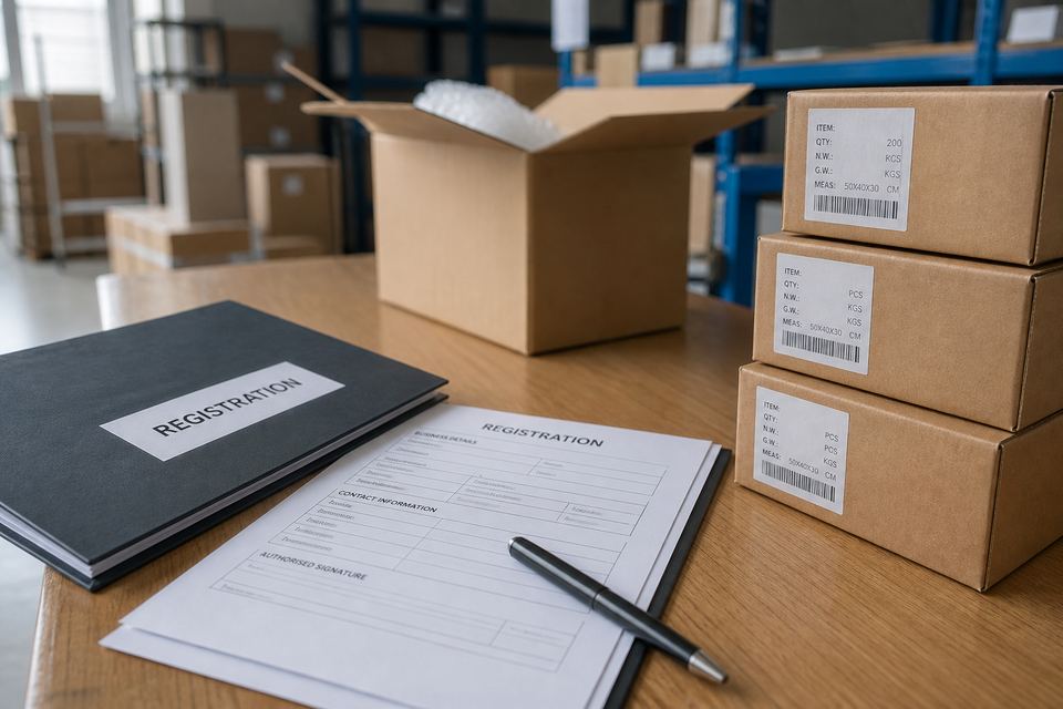 Registration papers next to labelled packaging cartons