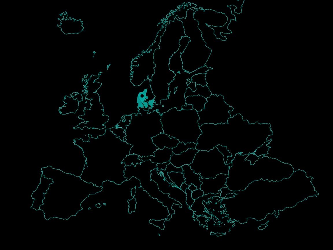 Europe outline with a pin on Denmark