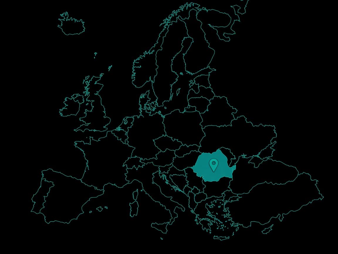 Europe outline with a pin on Romania